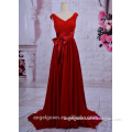 high class red satin pleated evening gowns dresses 2015 guangzhou factory with off shoulder E0086
